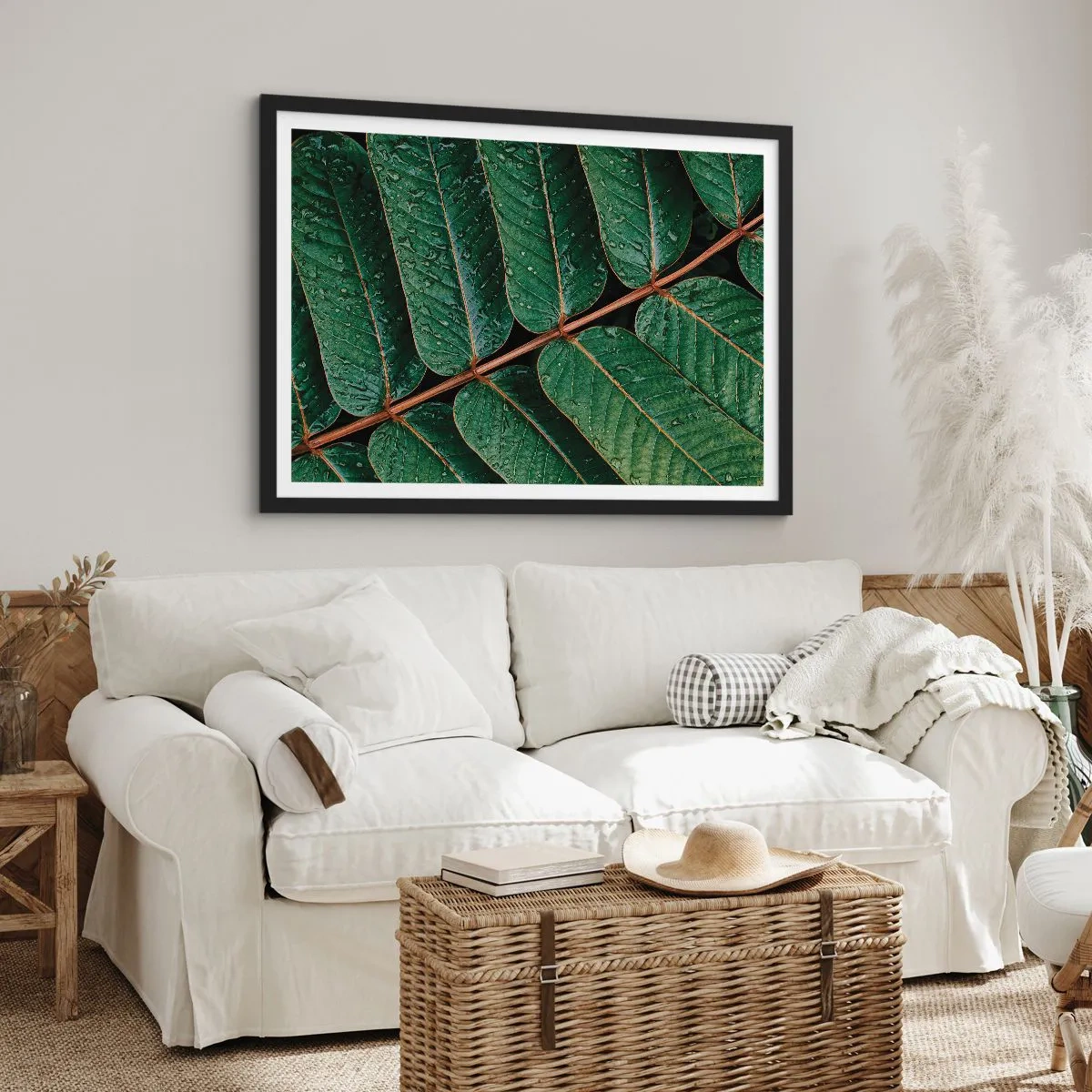 Plakat w czarnej ramie - Zielone liście z kroplami rosy w makro ujęciu - 70x50cm - W zielonym rytmie - Nowoczesna dekoracja ścienna do salonu i sypialni ARTTOR