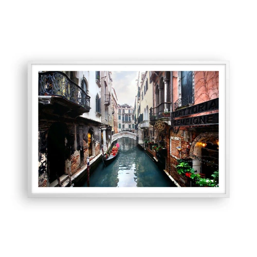 Plakat w białej ramie - Pejzaż wenecki z gondolą i mostkiem - 91x61 cm