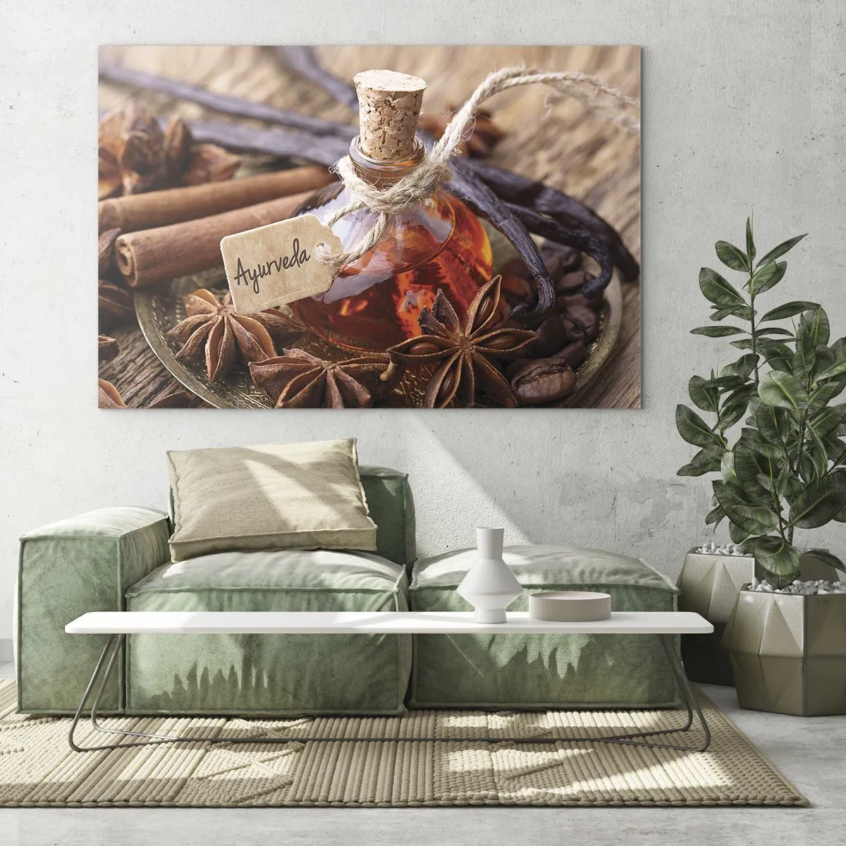 Obraz na szkle - Butelka z olejkiem i przyprawami w stylu ajurwedyjskim - 70x50cm - Ku jedności ciała i ducha - Nowoczesna dekoracja ścienna do salonu i sypialni ARTTOR