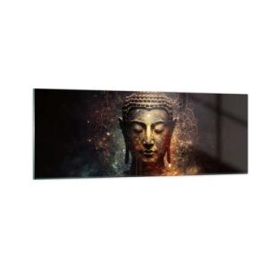 Obraz na szkle - Złoty Budda na ciemnym tle z ornamentami - 140x50cm - Duchowa równowaga - Nowoczesna dekoracja ścienna do salonu i sypialni ARTTOR