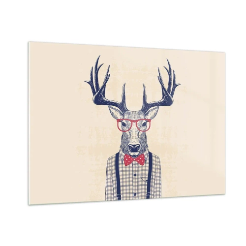 Obraz na szkle - Ilustracja przedstawiająca jelenia w okularach i muszce - 100x70cm - Zabawna ekstrawagancja - Nowoczesna dekoracja ścienna do salonu, kuchni i sypialni ARTTOR