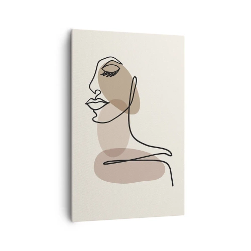 Obraz na płótnie - Minimalistyczna twarz kobiety z abstrakcyjnymi plamami - 80x120cm - Zasłuchana w siebie - Nowoczesna dekoracja ścienna do salonu i sypialni ARTTOR
