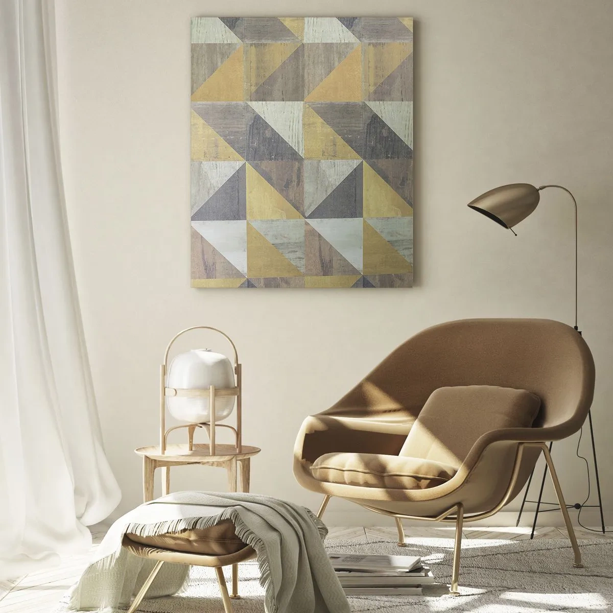 Obraz na szkle - Geometryczny wzór z trójkątów w stonowanych barwach - 50x70cm - Pod kątem trójkąta - Nowoczesna dekoracja ścienna do salonu, kuchni i sypialni ARTTOR