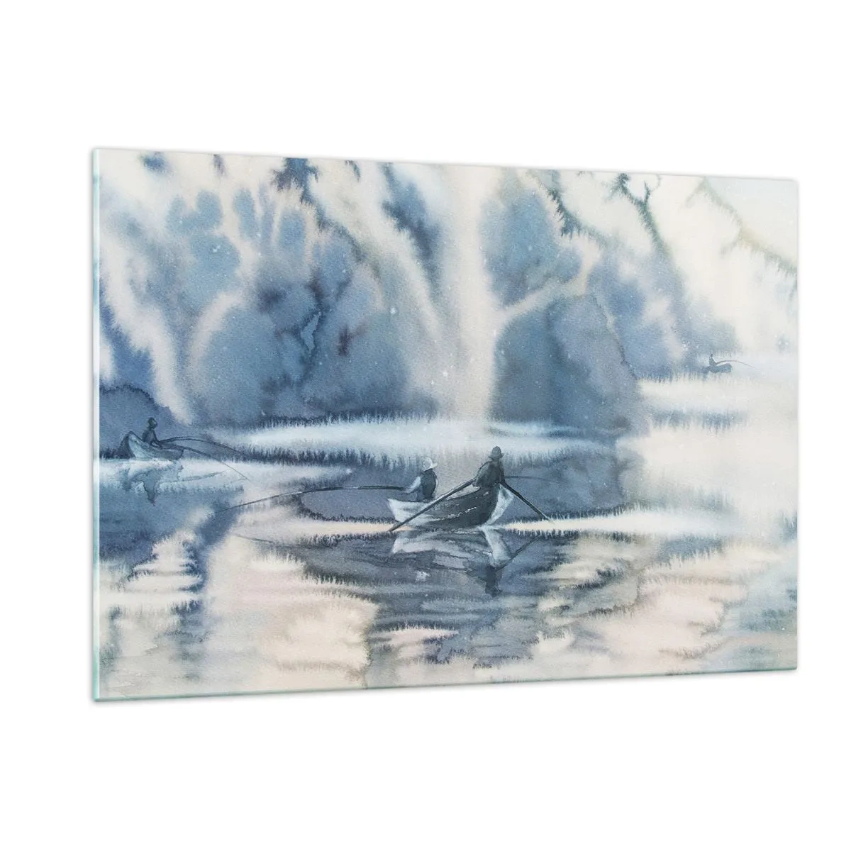Obraz na szkle - Dwóch wędkarzy na łodzi otoczonej mglistym krajobrazem - 120x80cm - Wędkarze w swoim raju - Nowoczesna dekoracja ścienna do salonu, kuchni i sypialni ARTTOR