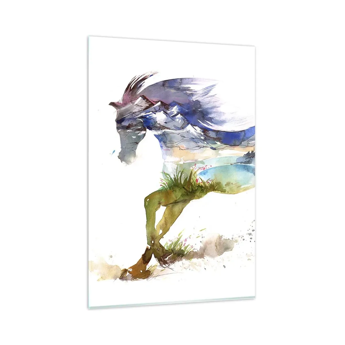 Obraz na szkle - Akwarela konia z krajobrazem górskim w sylwetce - 80x120cm - Z łąki wprost do nieba - Nowoczesna dekoracja ścienna do salonu i sypialni ARTTOR