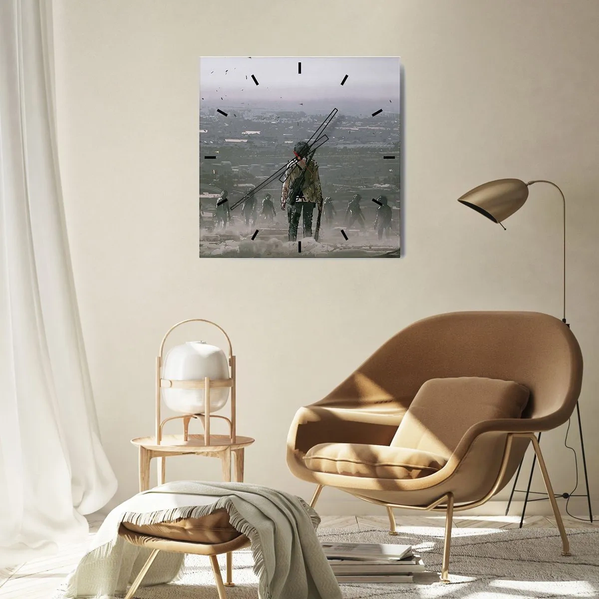 Zegar ścienny - Postać z bronią stojąca naprzeciw grupy w dystopijnym krajobrazie - 30x30cm - Ostatni sprawiedliwy? - Nowoczesna dekoracja ścienna do salonu i sypialni ARTTOR