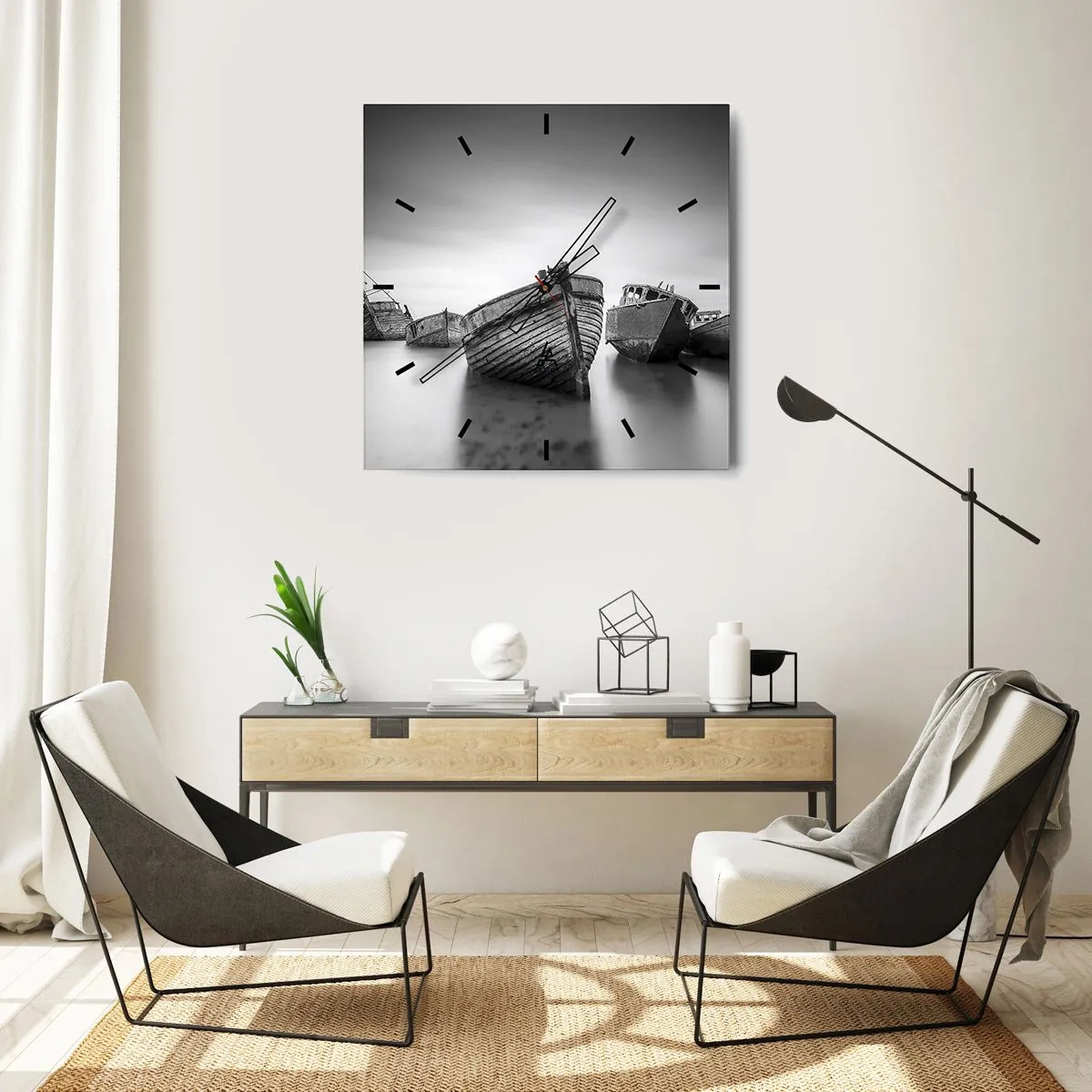 Zegar ścienny - Opuszczone łodzie na spokojnej wodzie - 30x30cm - Już tylko wspomnienia… - Nowoczesna dekoracja ścienna do salonu i sypialni ARTTOR