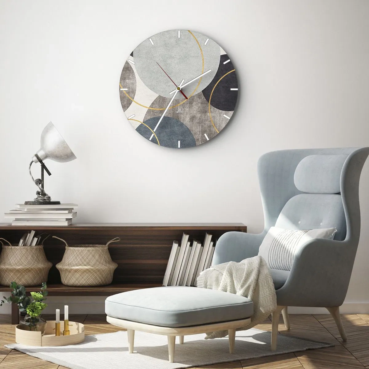 Zegar ścienny - Stylowa kompozycja z kół i łuków w stonowanych barwach - 30x30cm - Koło za kołem - Nowoczesna dekoracja ścienna do salonu, kuchni i sypialni ARTTOR