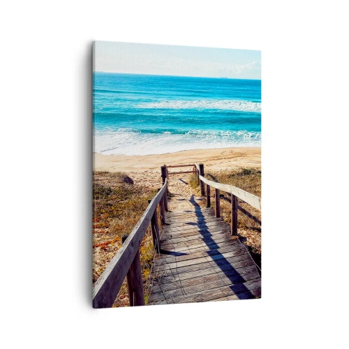 Obraz na płótnie - Drewniana ścieżka prowadząca na plażę z turkusowym morzem w tle - 50x70cm - Biegnij! - Nowoczesna dekoracja ścienna do salonu, kuchni i sypialni ARTTOR