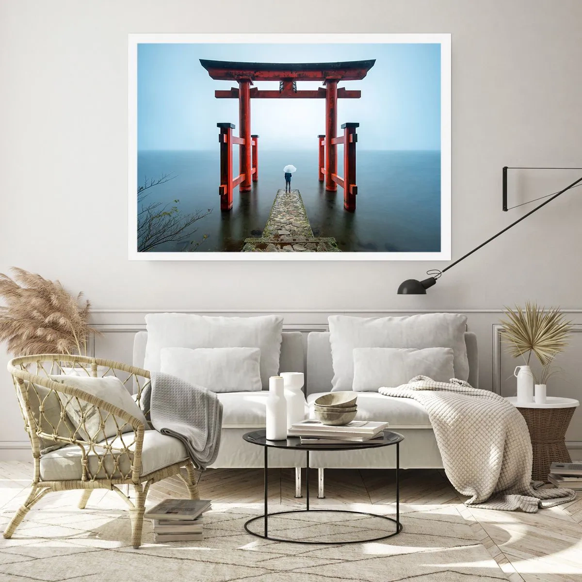 Plakat - Brama torii nad spokojnym jeziorem w Japonii - 100x70cm - Japońska zaduma - Nowoczesna dekoracja ścienna do salonu i sypialni ARTTOR