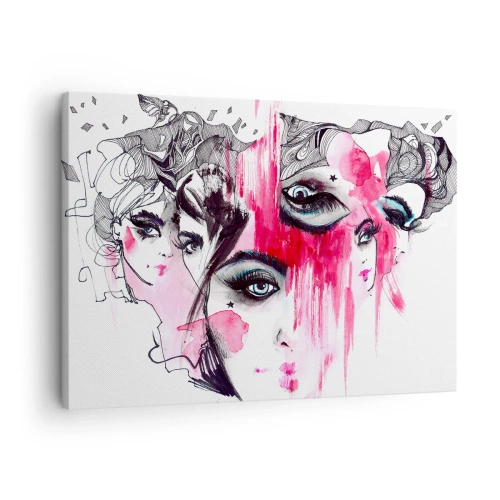 Obraz na płótnie - Abstrakcyjna twarz w odcieniach różu i czerni - 70x50cm - Abstrakcyjne oczy - Nowoczesna dekoracja ścienna do salonu i sypialni ARTTOR