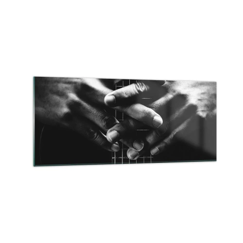Obraz na szkle - Dłonie splecione na gitarze w monochromatycznej tonacji - 120x50cm - Modlitwa artysty - Nowoczesna dekoracja ścienna do salonu i sypialni ARTTOR