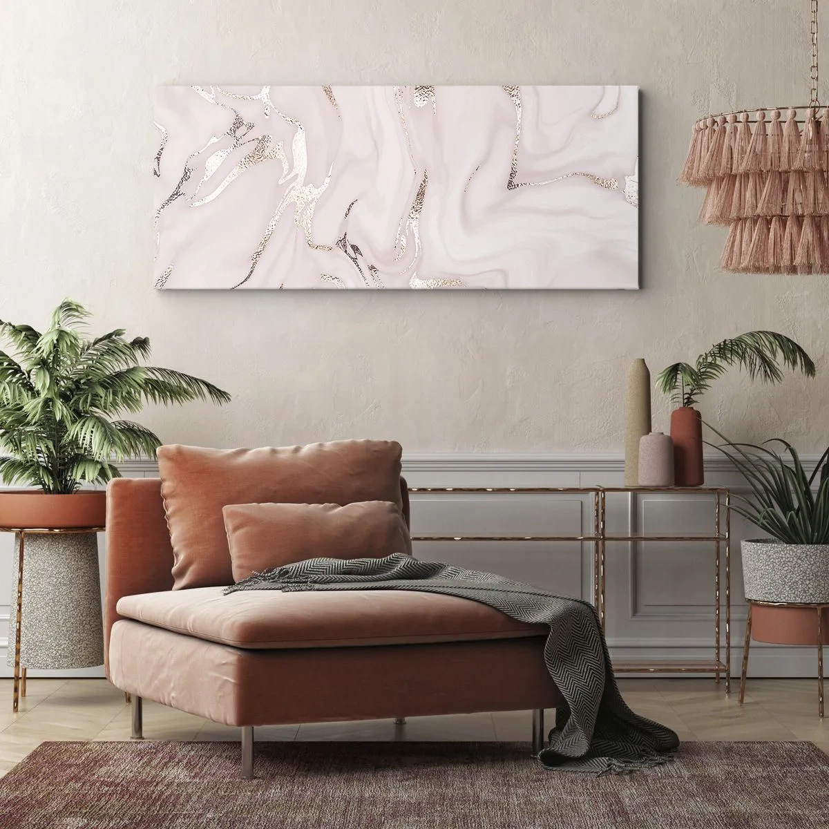 Obraz na płótnie - Elegancka abstrakcja w odcieniach różu i złota - 160x50cm - W różowym szale - Nowoczesna dekoracja ścienna do salonu i sypialni ARTTOR