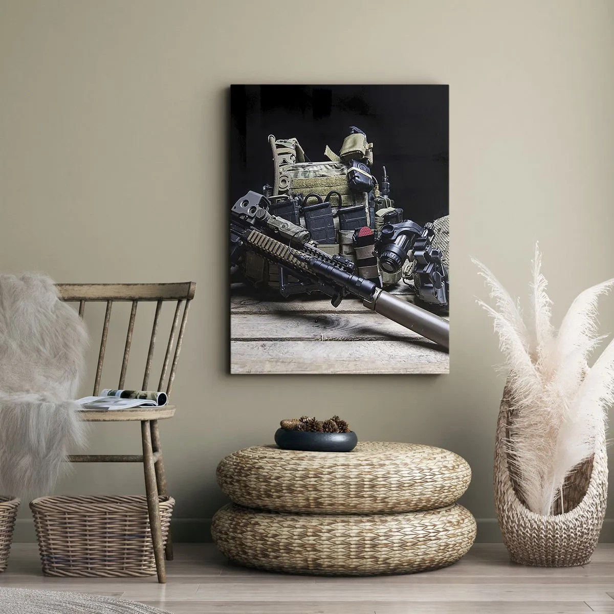 Obraz na płótnie - Wyposażenie taktyczne z karabinem na drewnianym stole - 70x100cm - Spocznij! - Nowoczesna dekoracja ścienna do salonu i sypialni ARTTOR
