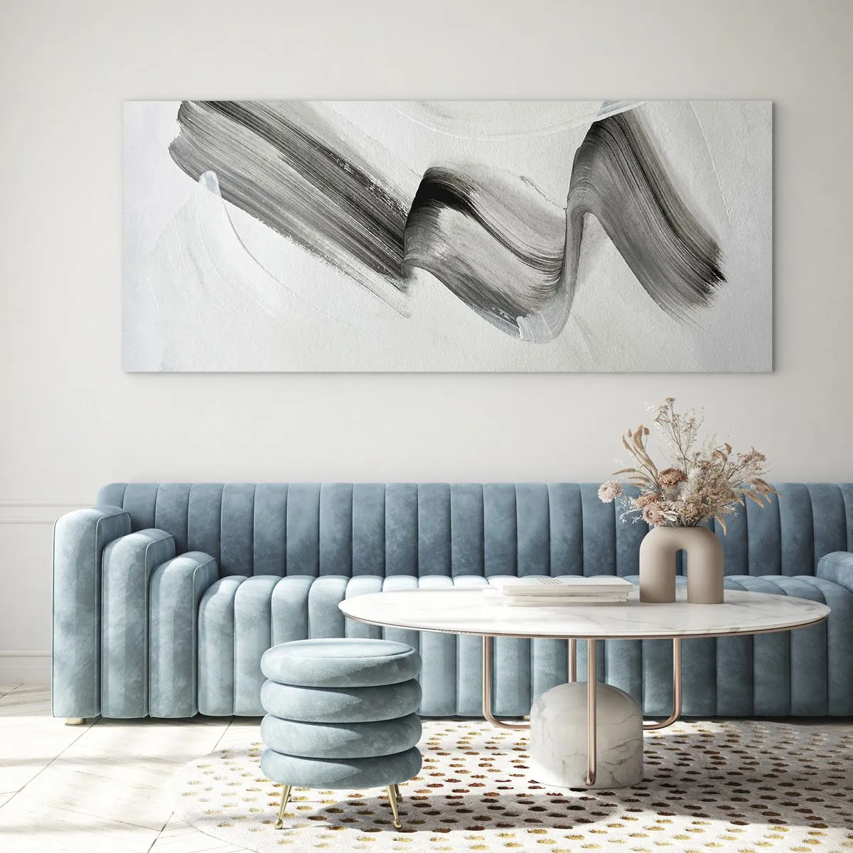 Obraz na szkle - Abstrakcyjny czarno-biały pociągnięcie pędzla na jasnym tle - 140x50cm - Od niechcenia dla zabawy - Nowoczesna dekoracja ścienna do salonu i sypialni ARTTOR