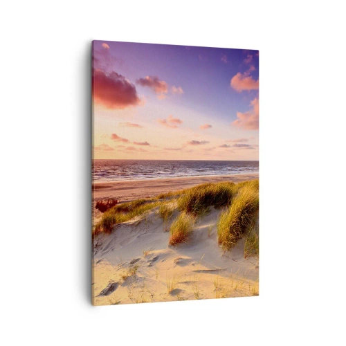 Obraz na płótnie - Plaża z trawami wydmowymi o zachodzie słońca - 50x70cm - Już latem pachnie powietrze - Nowoczesna dekoracja ścienna do salonu, kuchni i sypialni ARTTOR