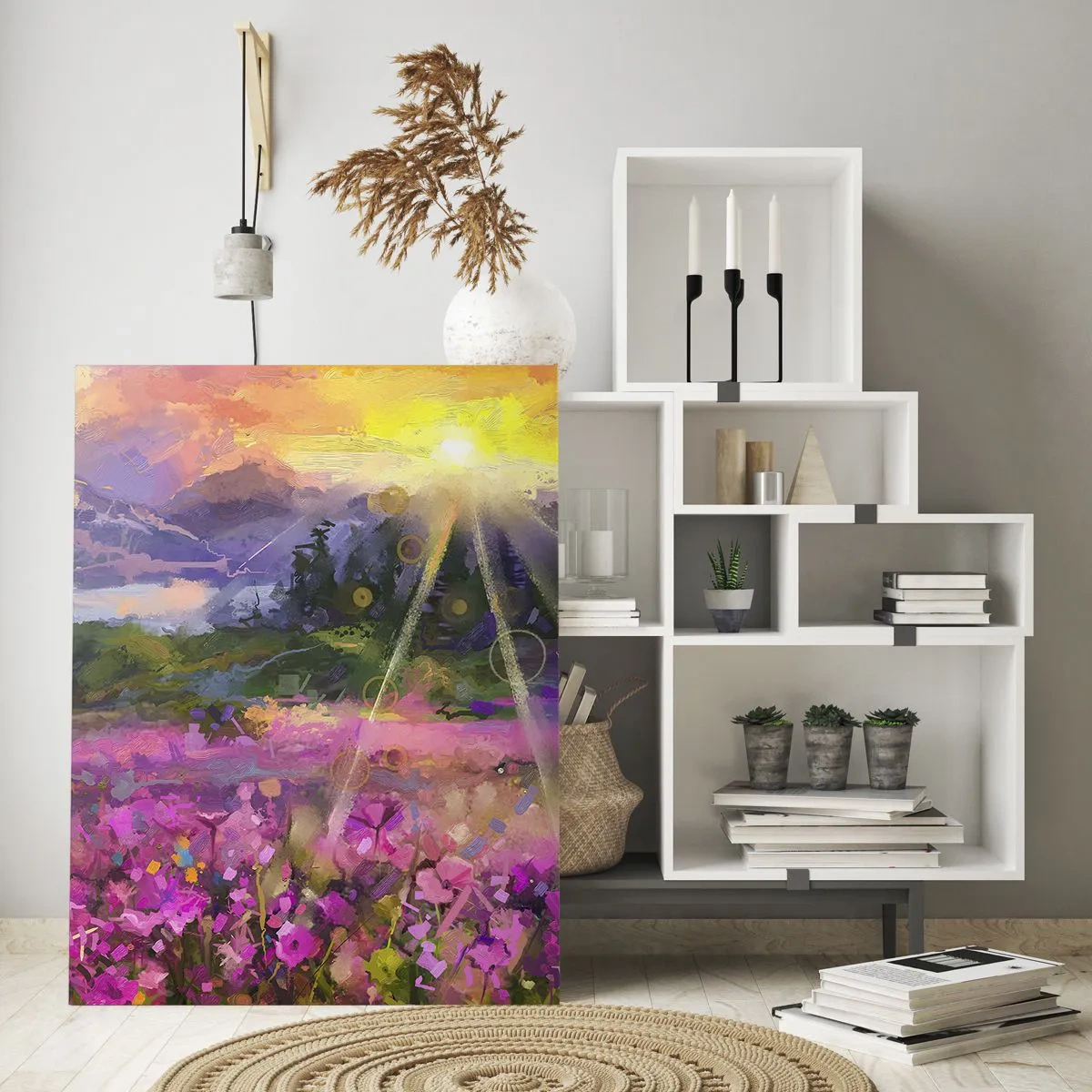 Obraz na szkle - Malownicza łąka w promieniach zachodzącego słońca - 70x100cm - W dolinie pod opieką słońca - Nowoczesna dekoracja ścienna do salonu i sypialni ARTTOR