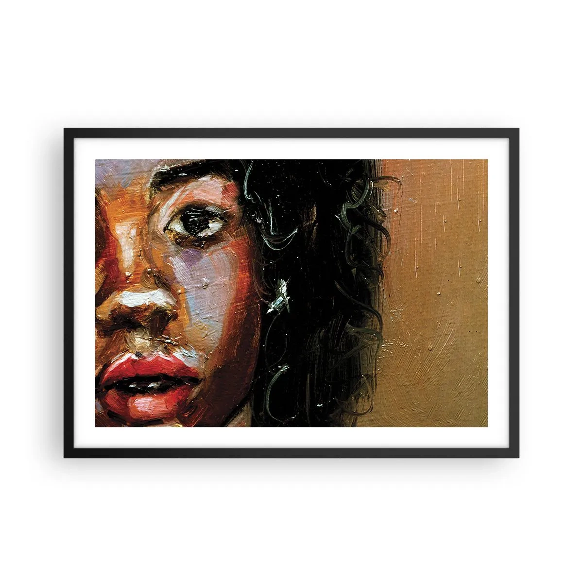 Plakat w czarnej ramie - Ekspresyjny portret kobiety w intensywnych barwach - 70x50cm - Czerń i blask - Nowoczesna dekoracja ścienna do salonu i sypialni ARTTOR