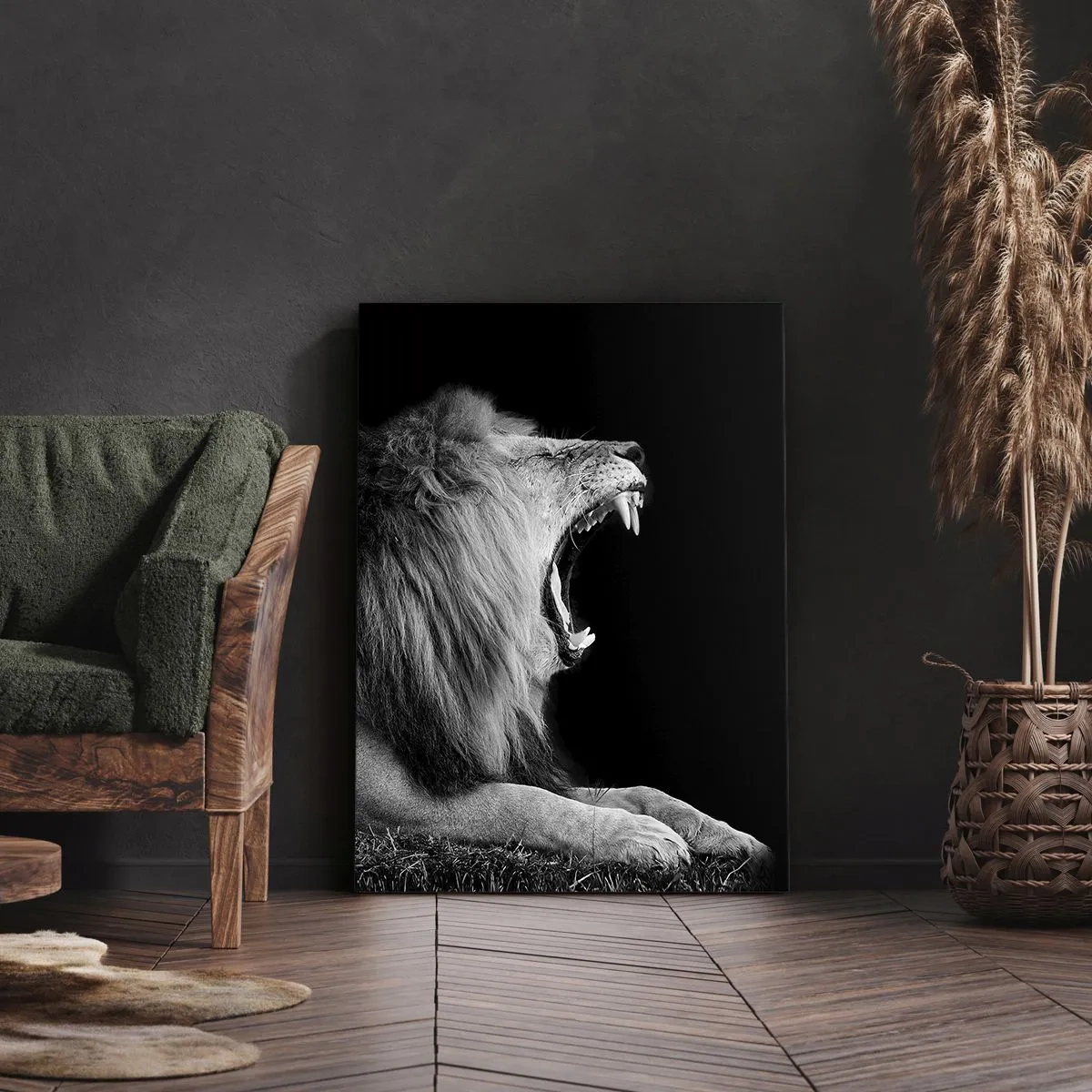 Obraz na płótnie - Ryczący lew w czarno-białej kompozycji na czarnym tle - 50x70cm - Bez żadnych wątpliwości - Nowoczesna dekoracja ścienna do salonu, kuchni i sypialni ARTTOR