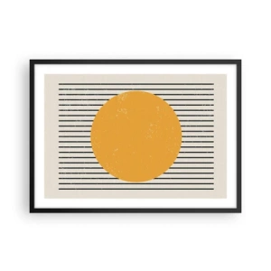 Plakat w czarnej ramie - Żółte koło na tle czarno-białych poziomych linii - 70x50cm - Siła prostoty - Nowoczesna dekoracja ścienna do salonu i sypialni ARTTOR