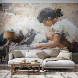 Fototapeta Premium Canvas - Maluczcy i najmilsi - Dziewczynka, Gołębie, Dla Dzieci - 400x280 cm