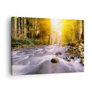 Obraz na płótnie - Leśny strumień oświetlony promieniami słońca - 70x50cm - Malachit w srebrno-złotej oprawie - Nowoczesna dekoracja ścienna do salonu i sypialni ARTTOR
