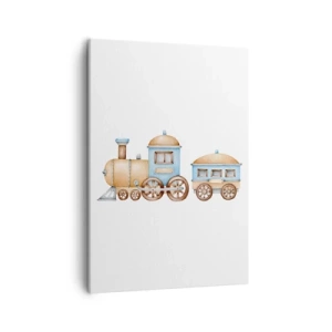 Obraz na płótnie - Ilustracja akwarelowa przedstawiająca drewniany pociąg w pastelowych kolorach - 50x70cm - Stoi na stacji... - Nowoczesna dekoracja ścienna do salonu, kuchni i sypialni ARTTOR
