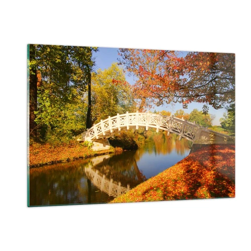 Obraz na szkle - Drewniany mostek nad rzeką otoczony jesiennymi kolorami - 120x80cm - Na białym mostku westchnień - Nowoczesna dekoracja ścienna do salonu, kuchni i sypialni ARTTOR