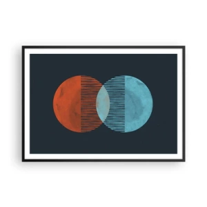 Plakat w czarnej ramie - Dwa koła w kolorze pomarańczowym i niebieskim na ciemnym tle - 100x70cm - Astronomiczna fantazja - Nowoczesna dekoracja ścienna do salonu i sypialni ARTTOR