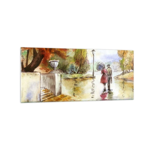 Obraz na szkle - Spacer w jesiennym parku z parasolem - 120x50cm - Romantyczna jesień w parku - Nowoczesna dekoracja ścienna do salonu i sypialni ARTTOR
