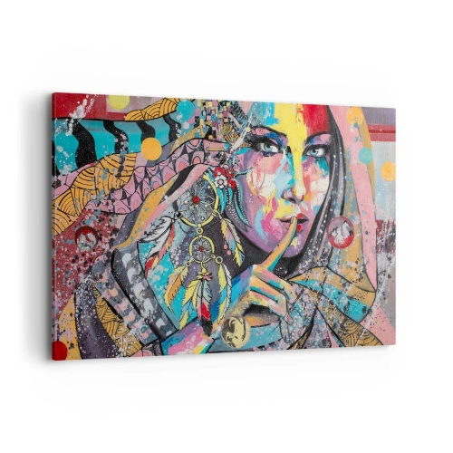 Obraz na płótnie - Kolorowa kobieca twarz w artystycznym stylu - 120x80cm - Milcz, aż zrozumiesz - Nowoczesna dekoracja ścienna do salonu, kuchni i sypialni ARTTOR