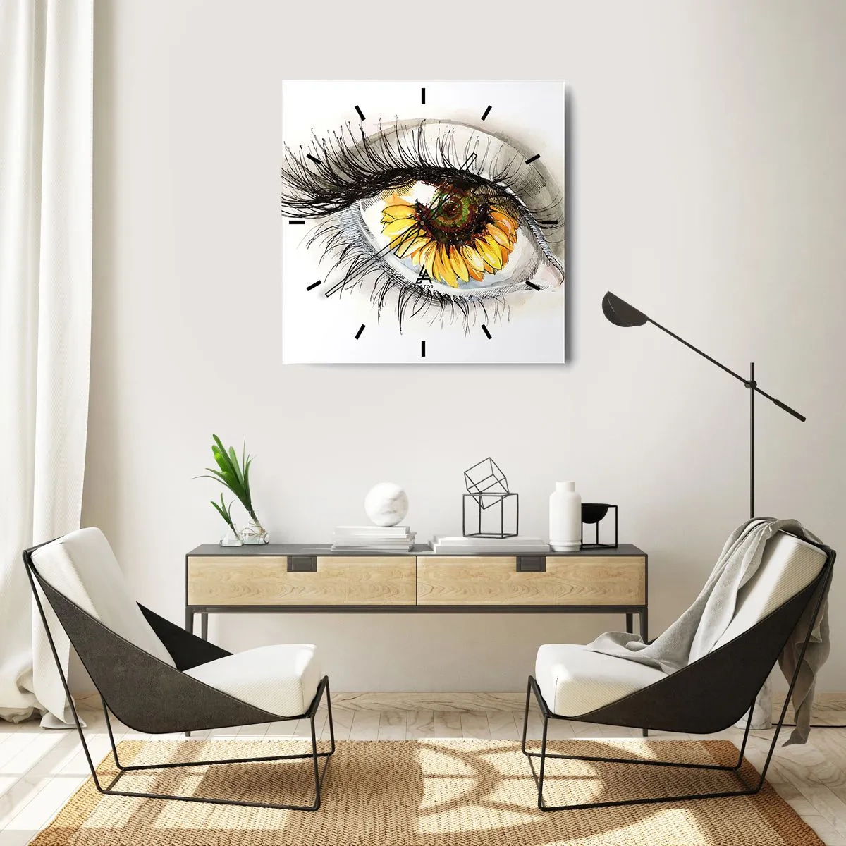 Zegar ścienny - Artystyczne oko z tęczówką w kształcie słonecznika - 30x30cm - Spojrzenie gorące jak lato - Nowoczesna dekoracja ścienna do salonu i sypialni ARTTOR