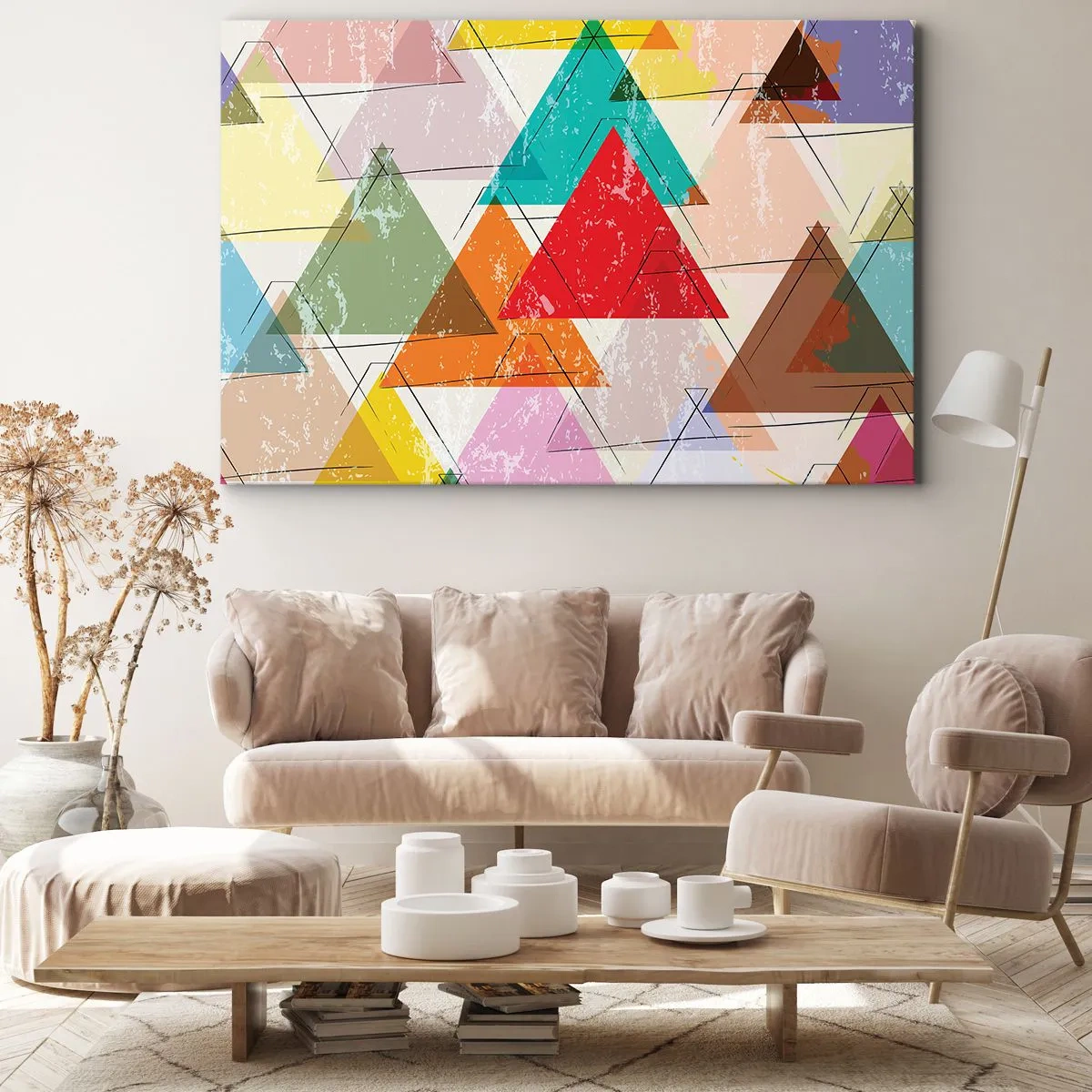 Obraz na płótnie - Kolorowa abstrakcja z geometrycznymi trójkątami - 70x50cm - Trzy po trzy - Nowoczesna dekoracja ścienna do salonu i sypialni ARTTOR