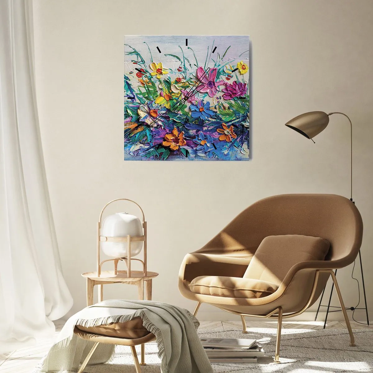 Zegar ścienny - Kolorowy bukiet kwiatów namalowany techniką impasto - 30x30cm - Wcale nie-martwa natura - Nowoczesna dekoracja ścienna do salonu i sypialni ARTTOR