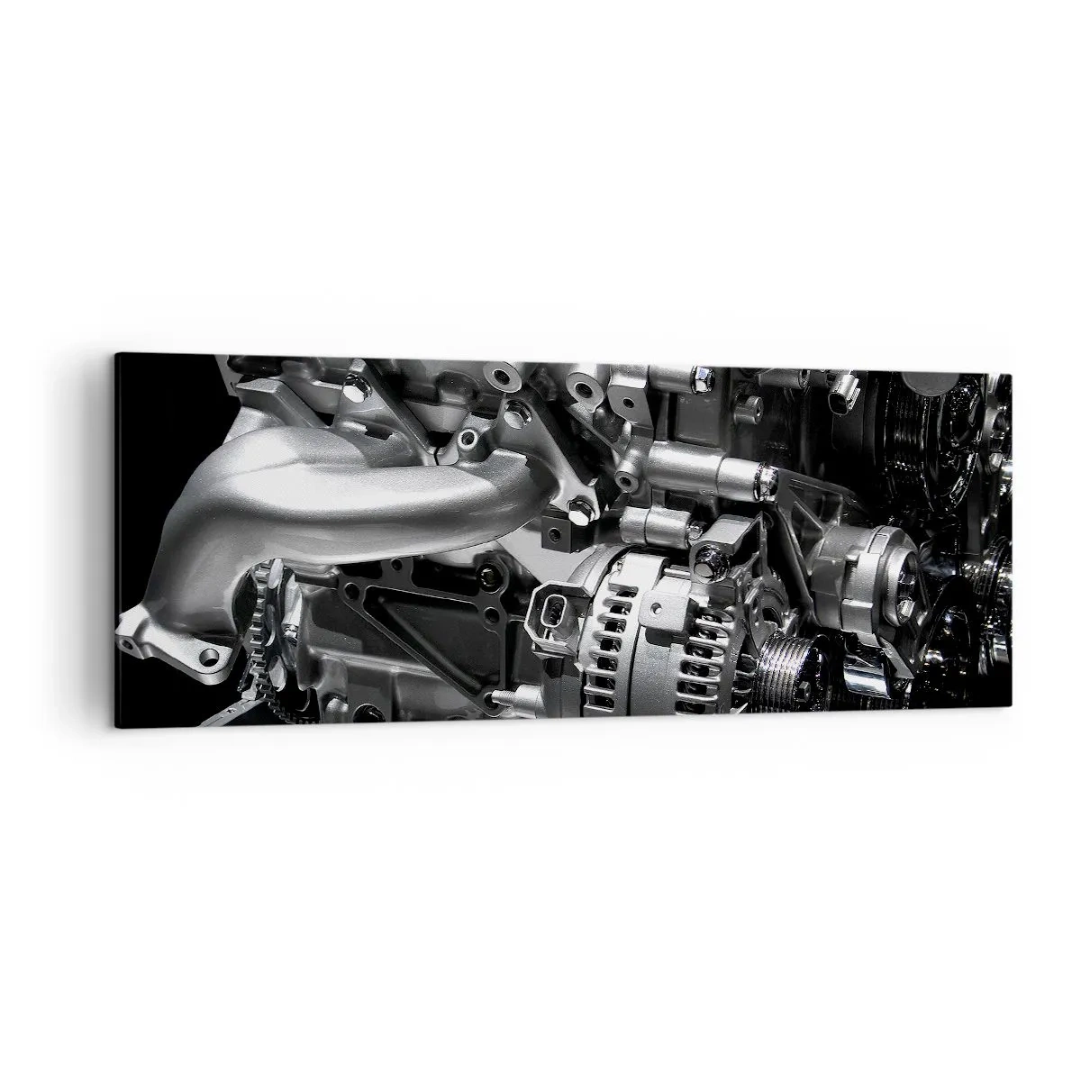 Obraz na płótnie - Metalowe części silnika w zbliżeniu na czarnym tle - 140x50cm - Stalowy, piękny, silny - Nowoczesna dekoracja ścienna do salonu i sypialni ARTTOR
