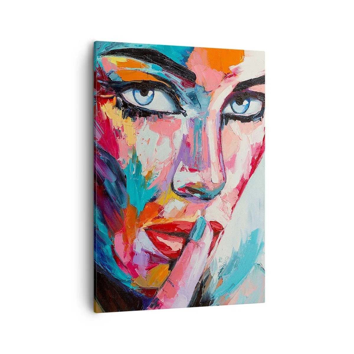 Obraz na płótnie - Kolorowy portret kobiety z intensywnymi detalami - 50x70cm - Nasza pierwsza tajemnica - Nowoczesna dekoracja ścienna do salonu, kuchni i sypialni ARTTOR