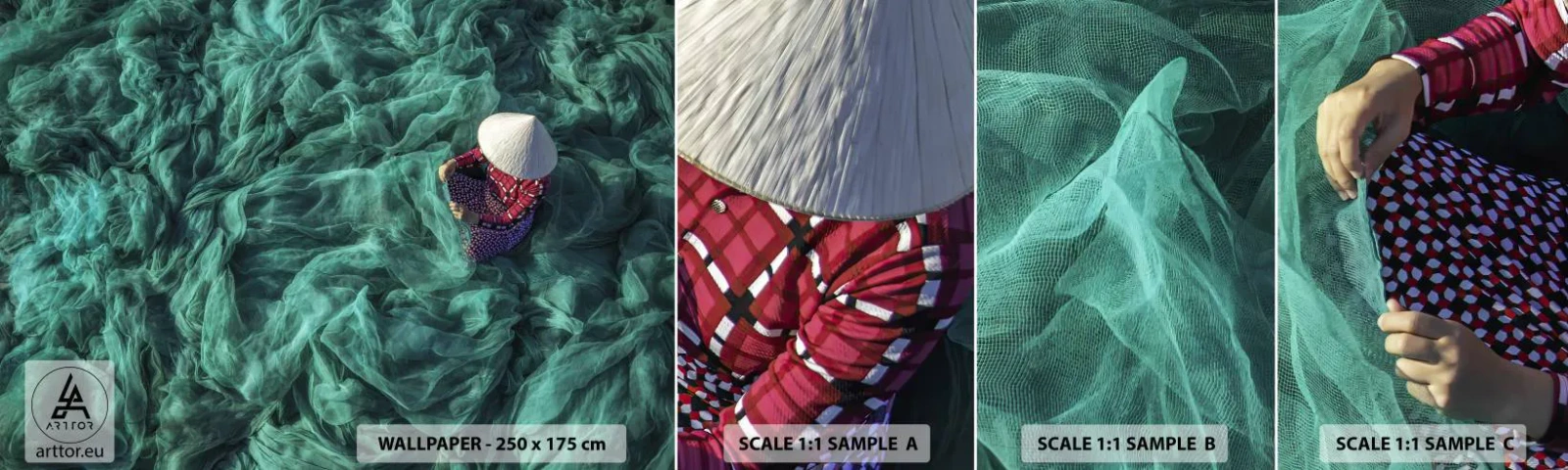 Fototapeta Próbka Samoprzylepna Deluxe Sticker - W morzu sieci - Sieć Rybacka, Kobieta, Wietnam - 100x30 cm