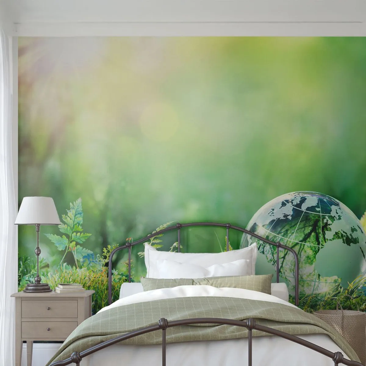 Fototapeta Premium Sand - Szklana kula Ziemi w zielonym krajobrazie - 100x70cm - Zielona planeta - Nowoczesna dekoracja ścienna do salonu, kuchni i sypialni ARTTOR