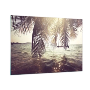 Obraz na szkle - Plaża z palmami i huśtawką nad spokojnym morzem - 100x70cm - Można bujać w obłokach do woli - Nowoczesna dekoracja ścienna do salonu, kuchni i sypialni ARTTOR