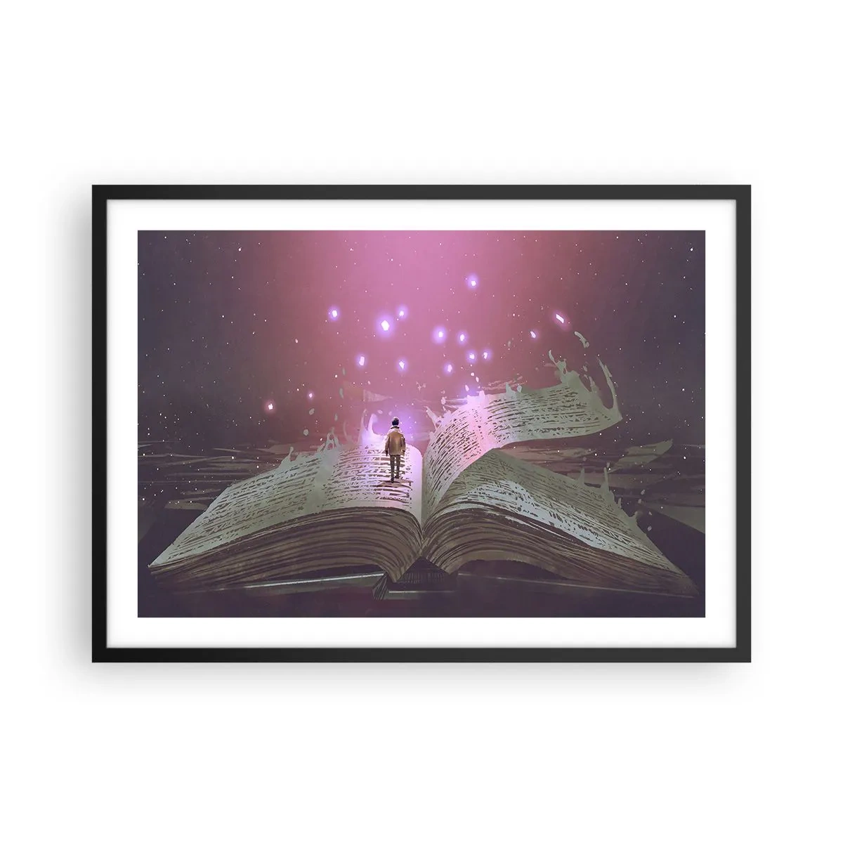 Plakat w czarnej ramie - Postać wchodząca na otwartą książkę w magicznym świetle - 70x50cm - Zaproszenie do innego świata - przeczytaj! - Nowoczesna dekoracja ścienna do salonu i sypialni ARTTOR