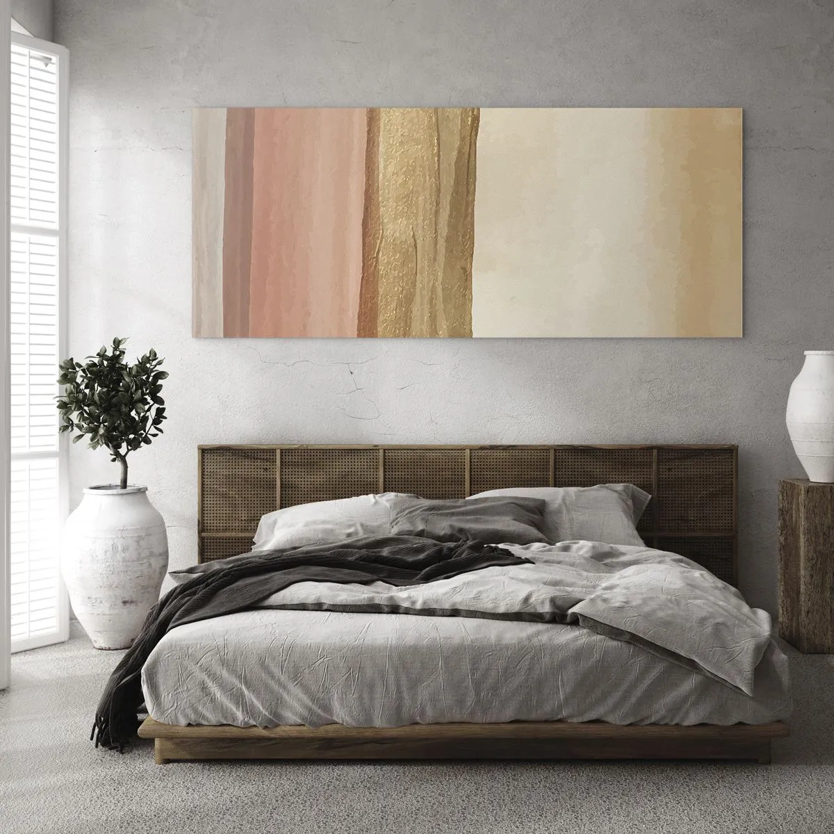 Obraz na szkle - Abstrakcyjne pasy w odcieniach beżu, złota i różu na płótnie - 140x50cm - Kompozycja wertykalna - Nowoczesna dekoracja ścienna do salonu i sypialni ARTTOR