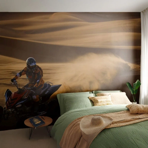 Fototapeta Premium Canvas - Motocyklista na quadzie pędzący po piaszczystych wydmach pustyni - 100x70cm - Na falach piasku - Nowoczesna dekoracja ścienna do salonu i sypialni ARTTOR