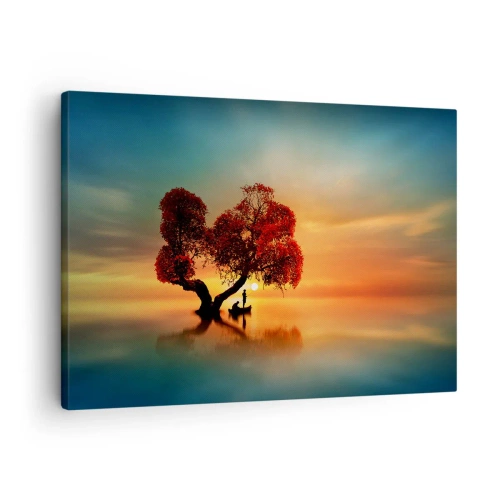Obraz na płótnie - Drzewo o czerwonych liściach i łódź na wodzie o zachodzie słońca - 70x50cm - Oddaleńcy i ciszyzna bezświata - Nowoczesna dekoracja ścienna do salonu i sypialni ARTTOR