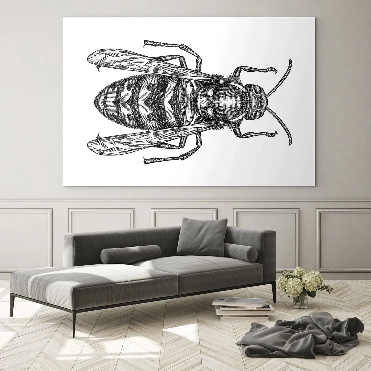 Obraz na szkle - Czarno-biała ilustracja osy w stylu retro na białym tle - 70x50cm - Z owadziej planety - Nowoczesna dekoracja ścienna do salonu i sypialni ARTTOR