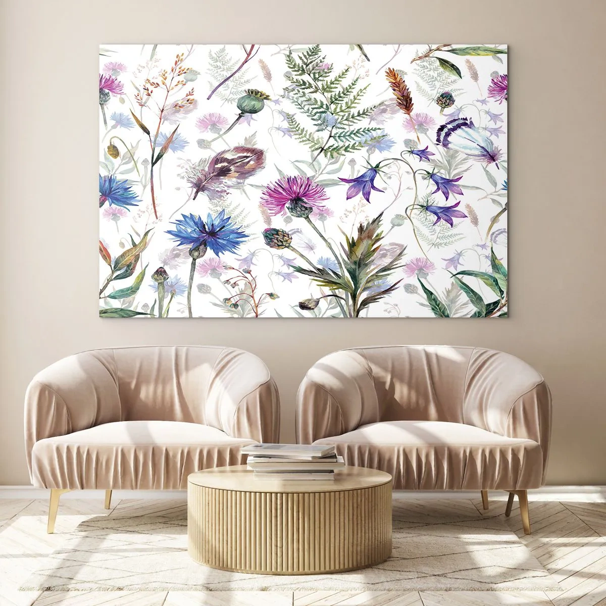 Obraz na szkle - Rysunki polnych kwiatów i liści na jasnym tle - 70x50cm - Polski zielnik - Nowoczesna dekoracja ścienna do salonu i sypialni ARTTOR