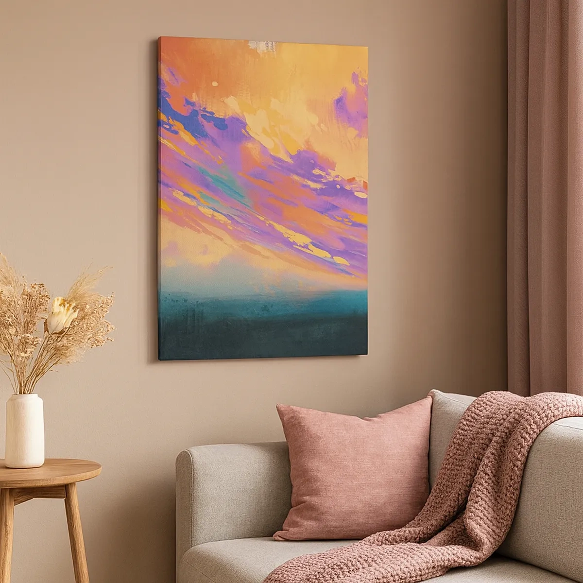 Obraz na płótnie - Abstrakcyjny zachód słońca w odcieniach fioletu, pomarańczu i błękitu - 50x70cm - Siła przyciągania - Nowoczesna dekoracja ścienna do salonu, kuchni i sypialni ARTTOR