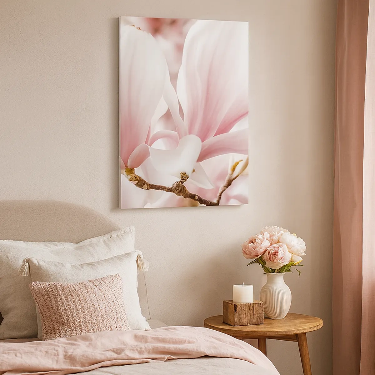 Obraz na płótnie - Różowe kwiaty magnolii w zbliżeniu - 50x70cm - Bezmiar czułości - Nowoczesna dekoracja ścienna do salonu, kuchni i sypialni ARTTOR