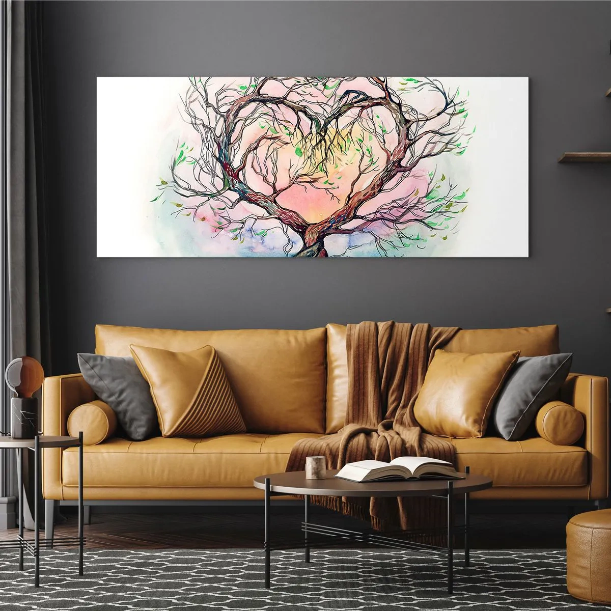 Obraz na szkle - Drzewo w kształcie serca na tle delikatnych pastelowych kolorów - 120x50cm - Razem przeciwko wichurom - Nowoczesna dekoracja ścienna do salonu i sypialni ARTTOR