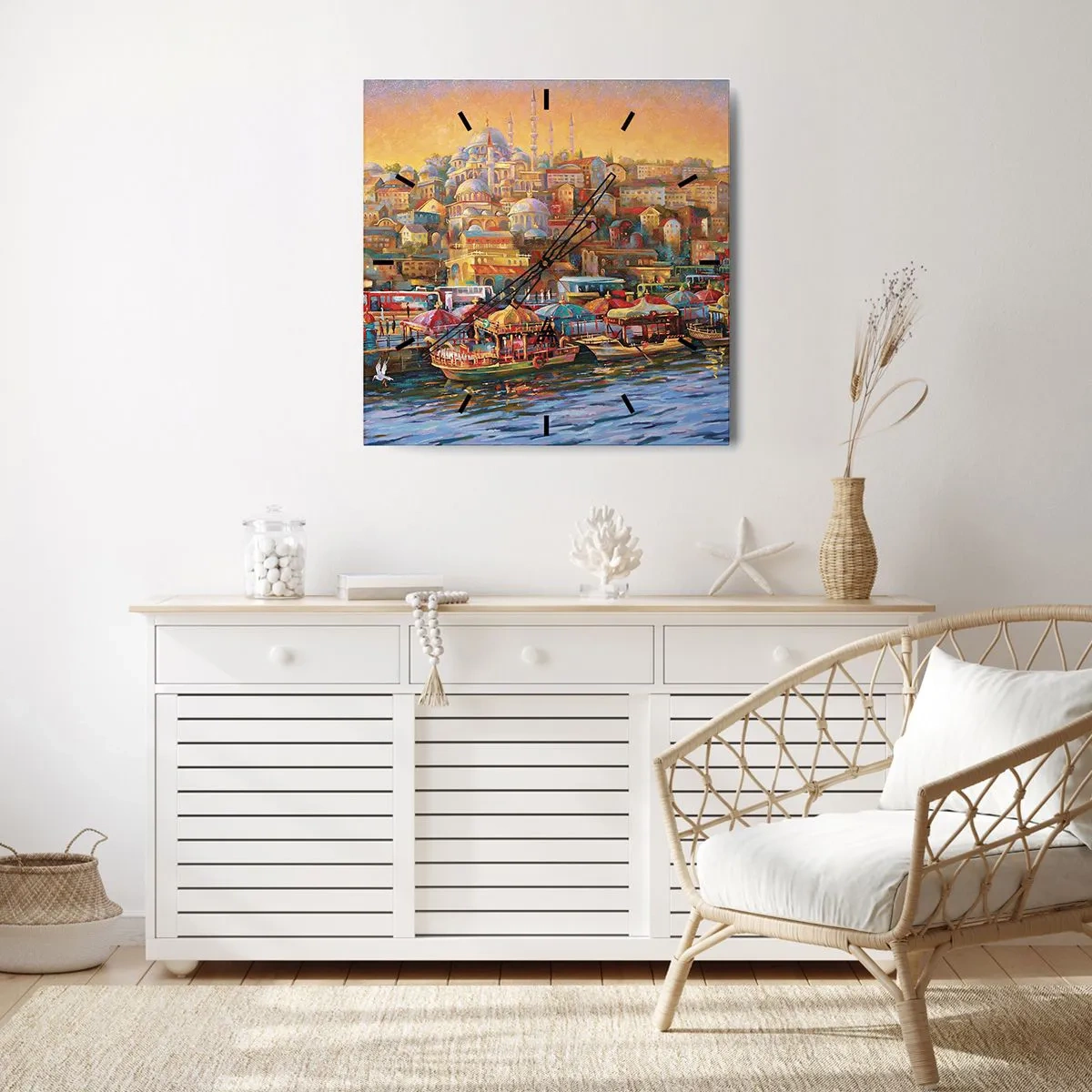 Zegar ścienny - Malownicza panorama Stambułu z widokiem na zatokę i miasto - 30x30cm - Stambulska opowieść - Nowoczesna dekoracja ścienna do salonu i sypialni ARTTOR