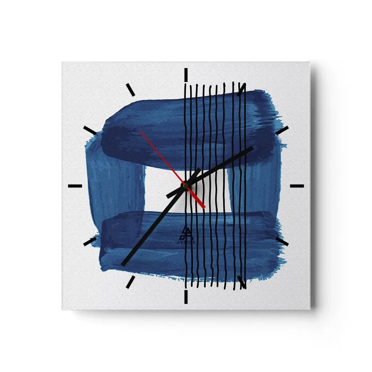 Zegar ścienny - Abstrakcyjny wzór w odcieniach błękitu z czarnymi liniami - 30x30cm - Niebiesko-czarna kompozycja - Nowoczesna dekoracja ścienna do salonu i sypialni ARTTOR